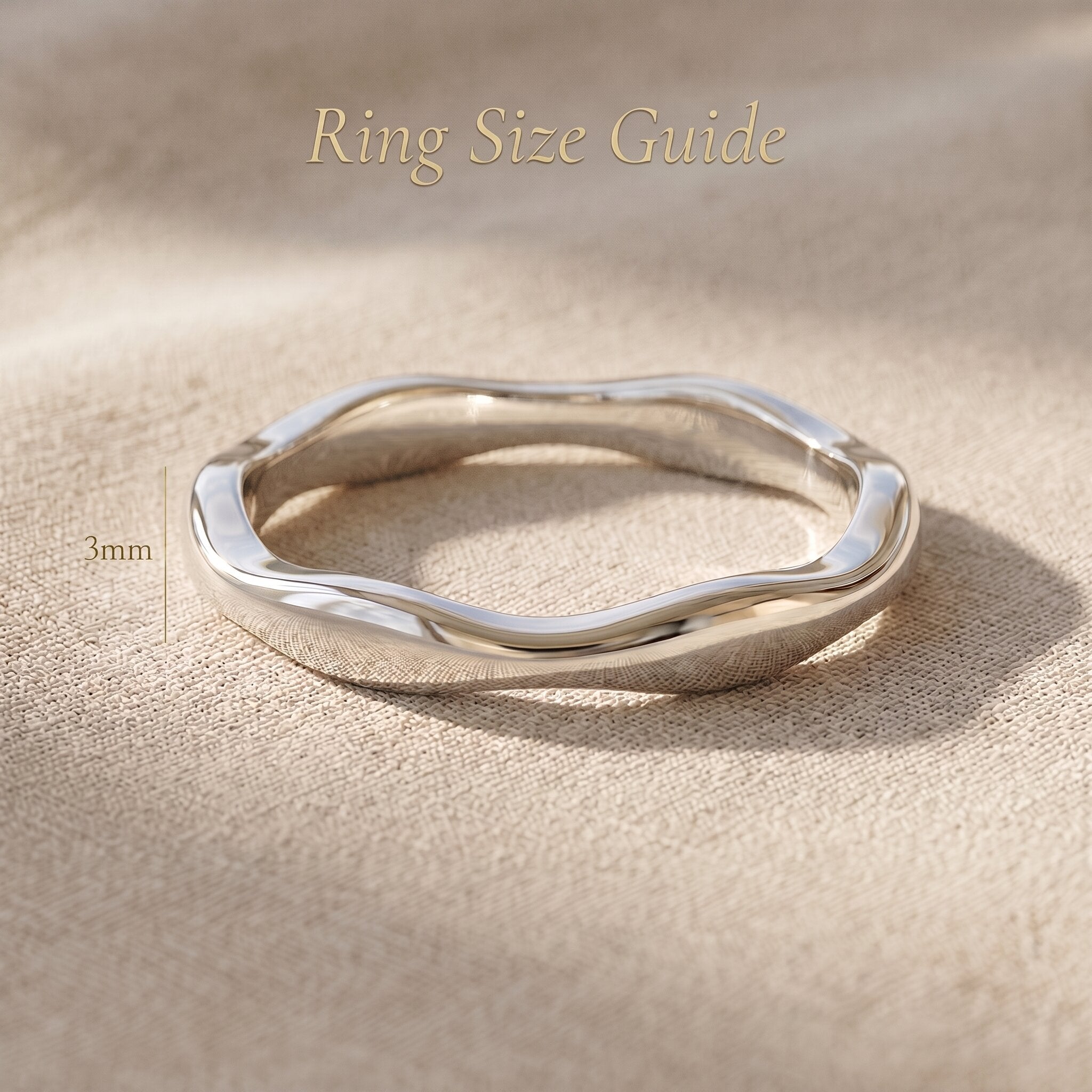 Wave band ring size guide showing curved band width and sculptural design proportions