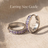 Zircon hoop earrings size guide showing hoop diameter and crystal stone detail proportions