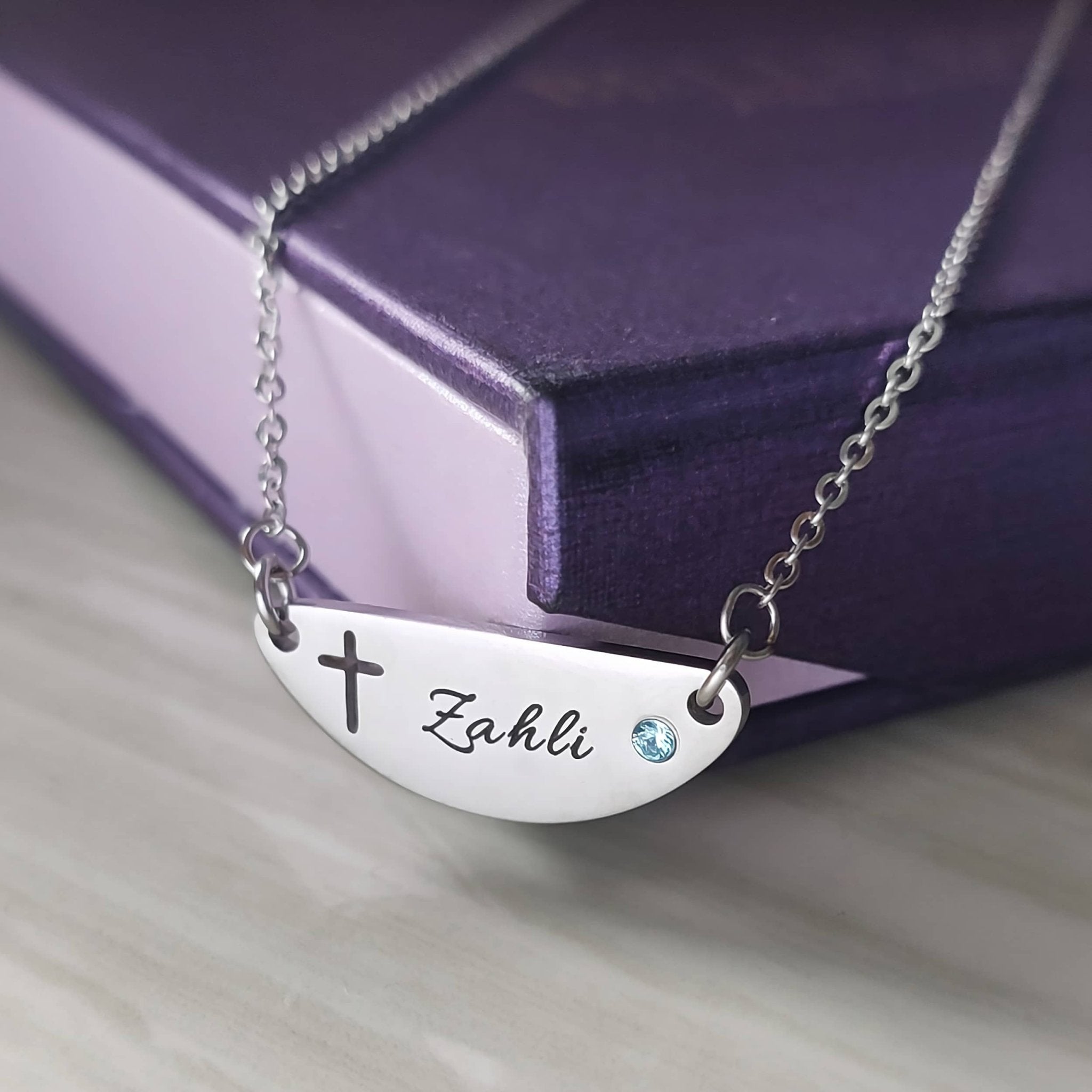 Beck Birthstone Cross Name Necklace - Name Necklaces by Belle Fever