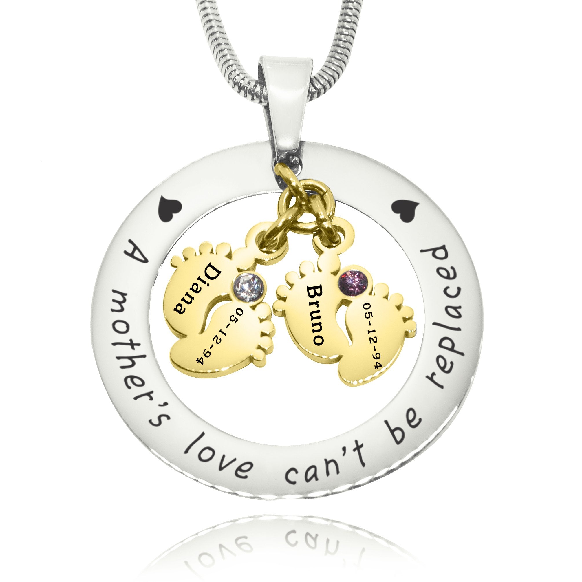 Cant Be Replaced Necklace - Double Feet Birthstones - Mothers Jewellery by Belle Fever
