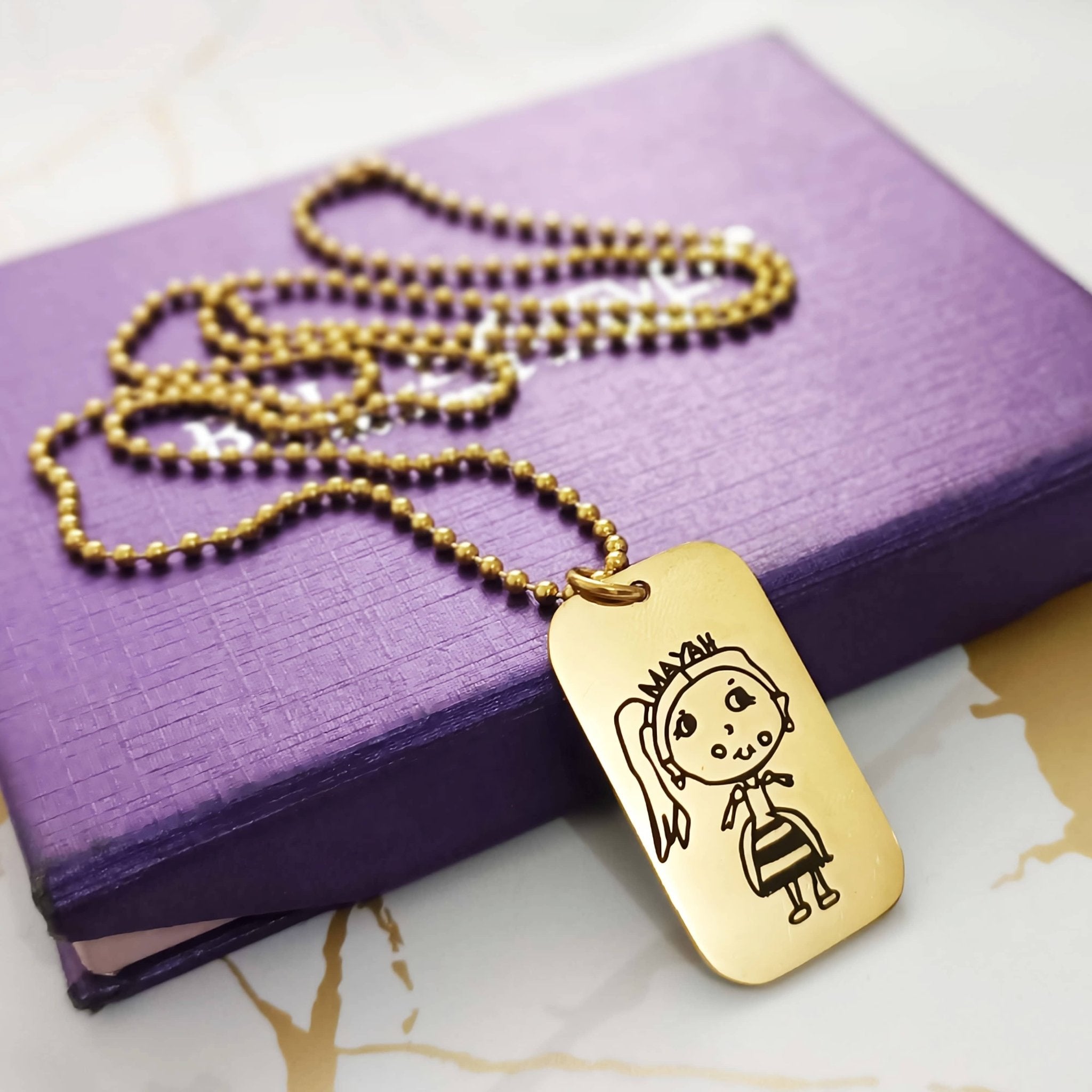 Custom Kids Drawing Dog Tag Necklace - Kids Drawing Jewellery by Belle Fever