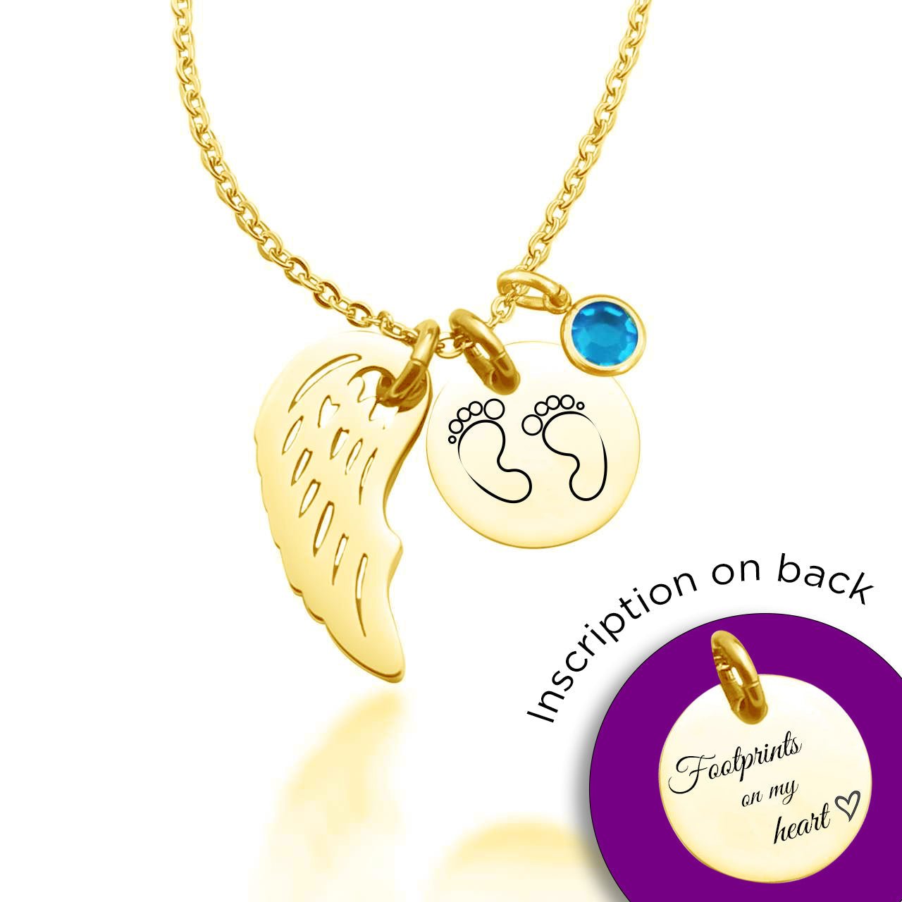 Memorial Angel Footprint Necklace with Birthstone Charm - ARTI by Belle Fever