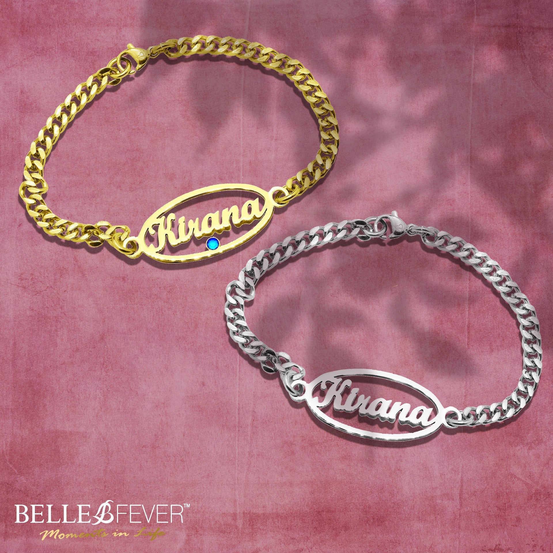 Oval Name Bracelet with Birthstone - Bangles & Bracelets by Belle Fever
