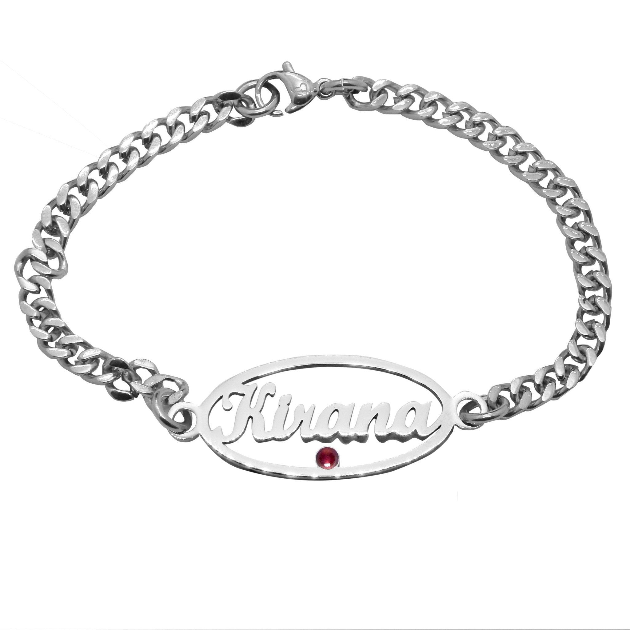 Oval Name Bracelet with Birthstone - Bangles & Bracelets by Belle Fever